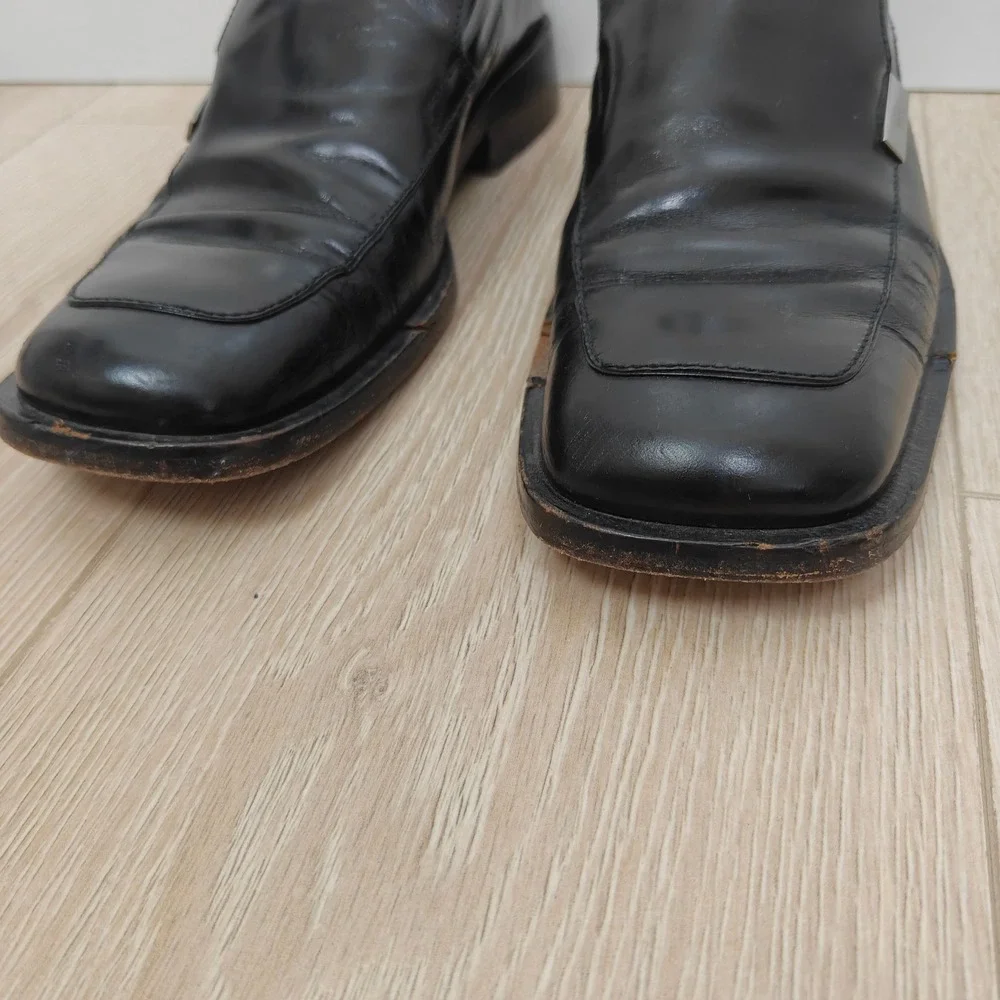 Gucci Mens Loafers 8.5 Black Leather Square Toe Metal Logo Plate Italian Shoes
